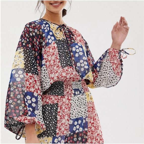 Floral Star Mixed Patchwork Print Sheer Chiffon Maxi Dress with Slip Size 14 - Picture 3 of 8